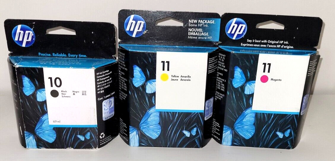 HP 10 Black C4844A, HP 11 Magenta, Yellow Lot of 3 Expired