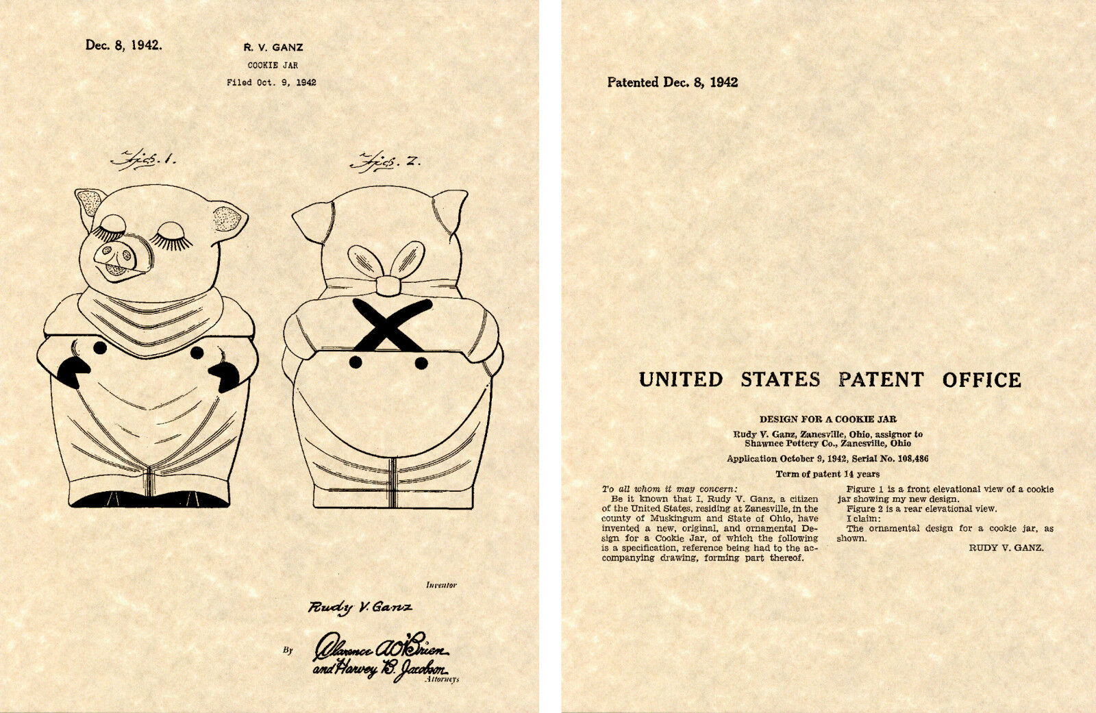 SHAWNEE SMILEY PIG Cookie Jar US Patent Art Print READY TO FRAME 1942 Ganz 