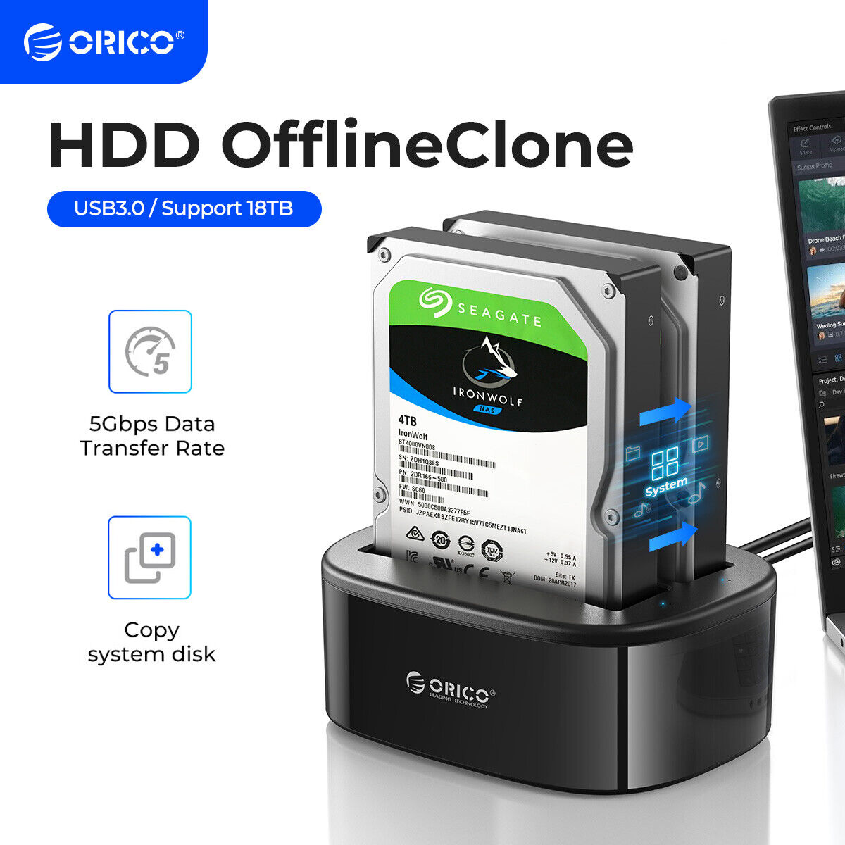 ORICO Dual Bay HDD Docking Station with Offline Clone for 2.5/3.5'' SSD HDD Case