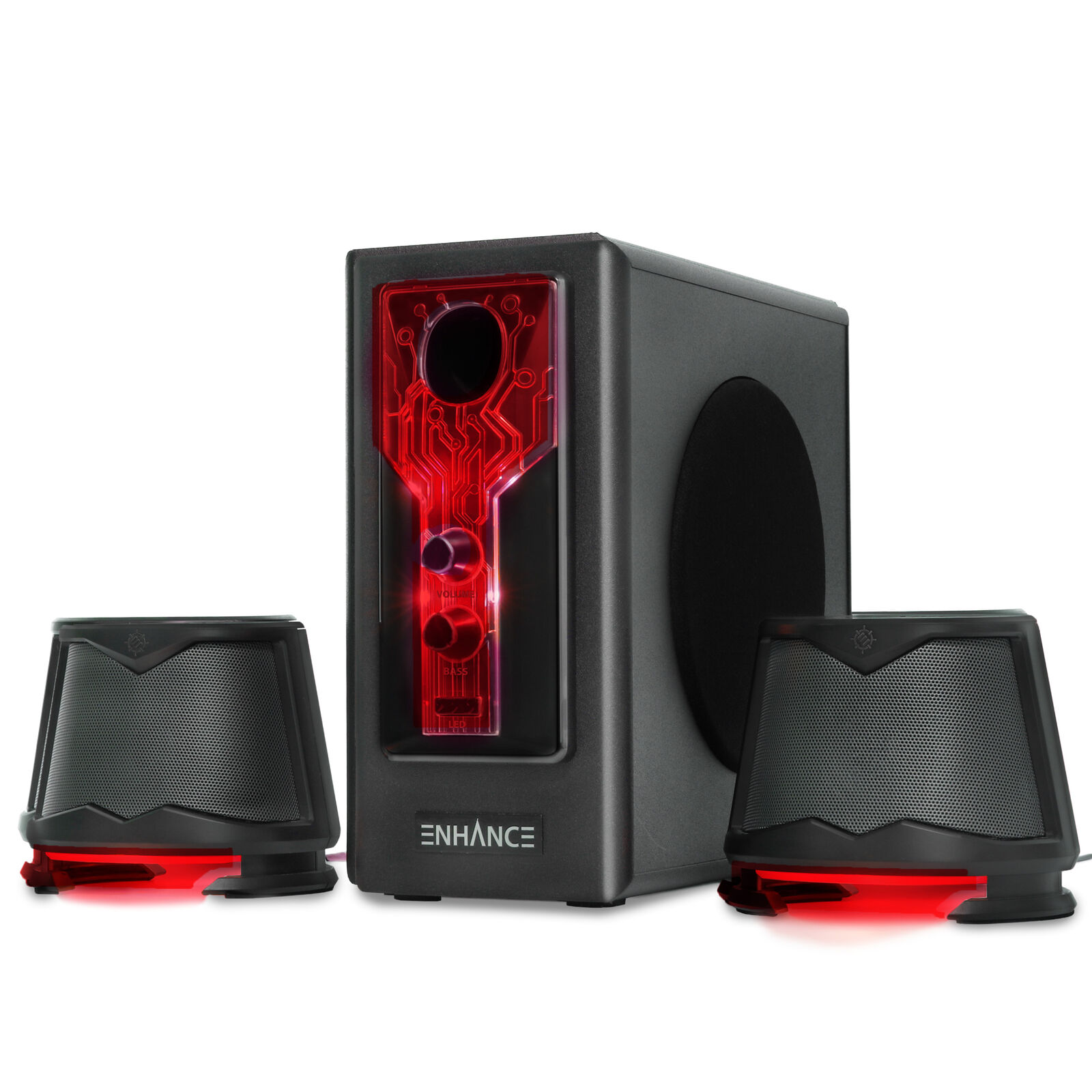 2.1 High Excursion Computer Speakers with Subwoofer - Red LED Gaming Speakers