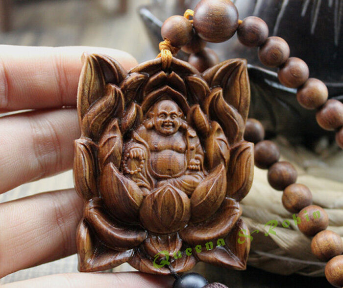 Wood Carved & Buddhism Beads Lotus Happy Buddha Statue Sculpture Amulet W180