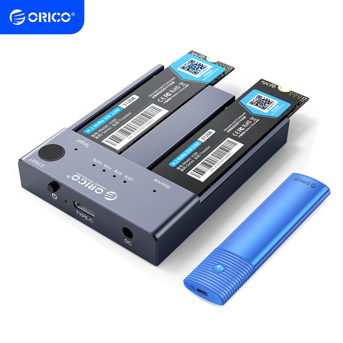 ORICO Dual-Bay M.2 NVME Cloner Docking Station w/10Gbps USB-C NVMe SSD Enclosure