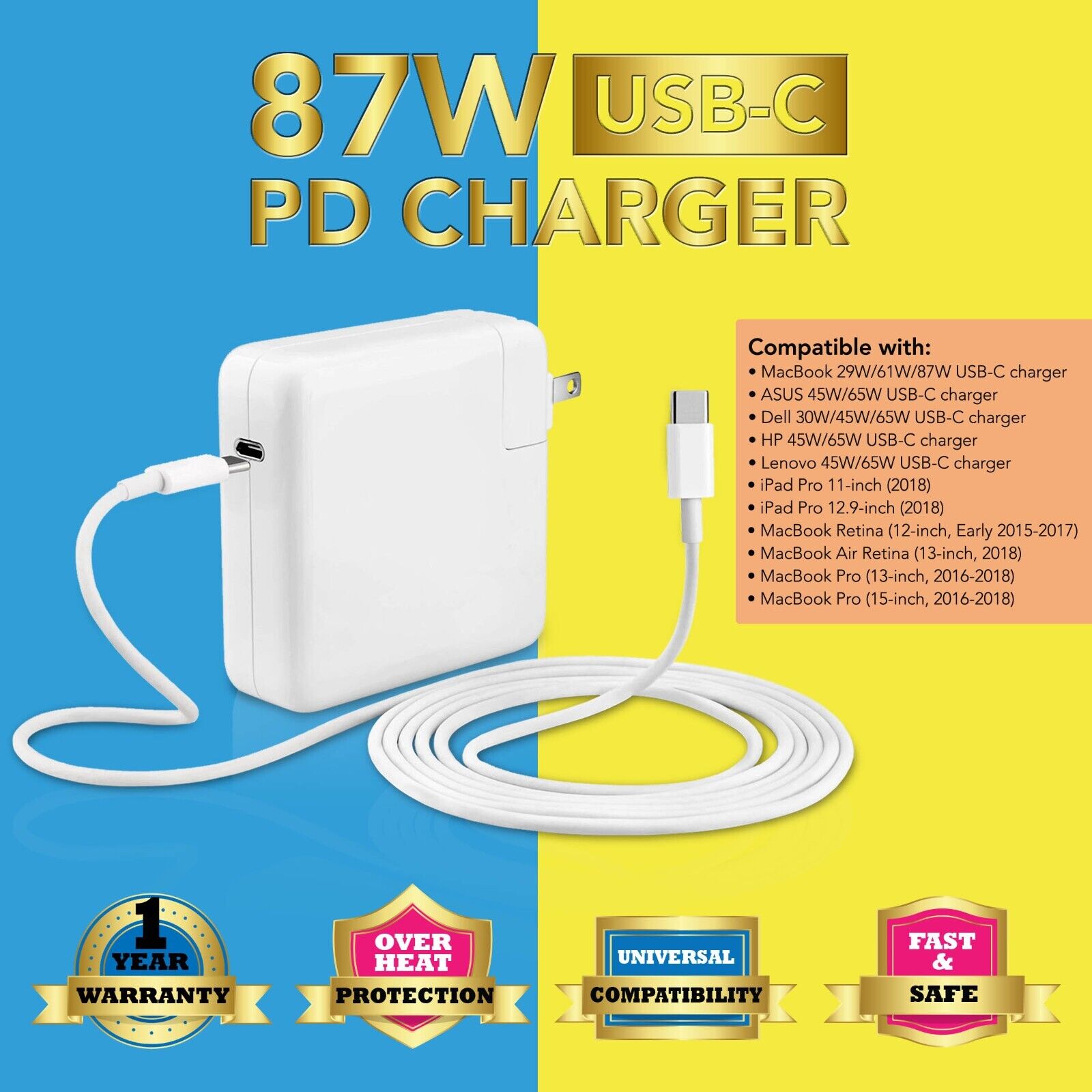 87W USB C Adapter Charger For MacBook Air 13 inch M1 New 2020 A2337 A2179 A1932