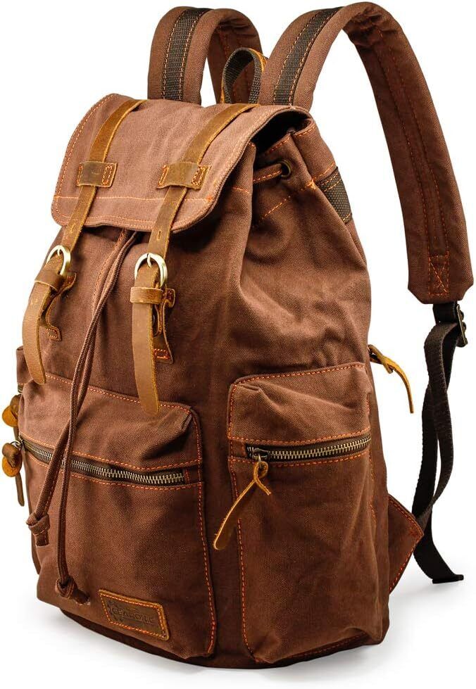 GEARONIC 21L Vintage Canvas Backpack Leather Rucksack Knapsack 15inch Coffee 