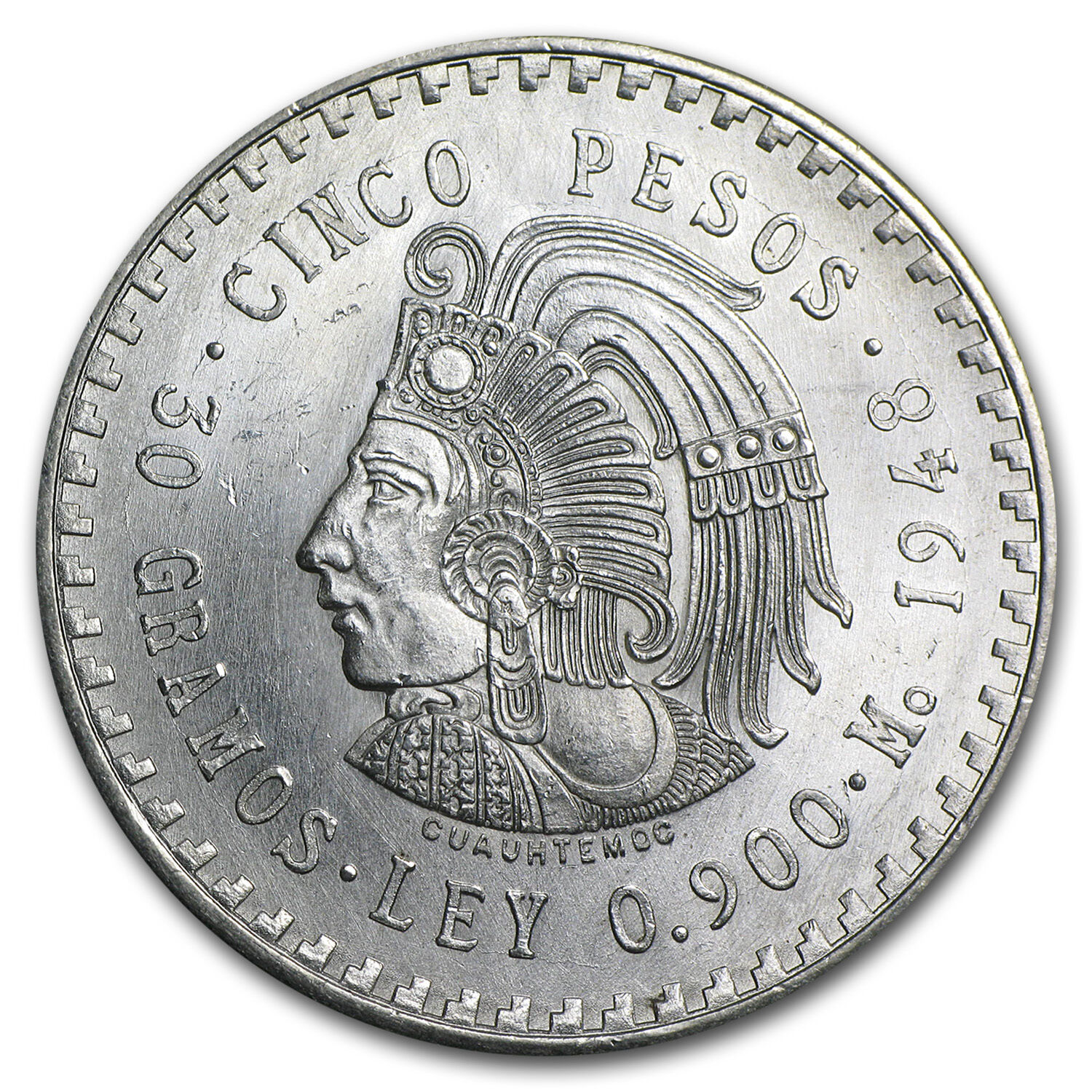 Mexican Silver 5 Pesos - Cuauhtemoc Design - Random Year Coin - SKU #8558