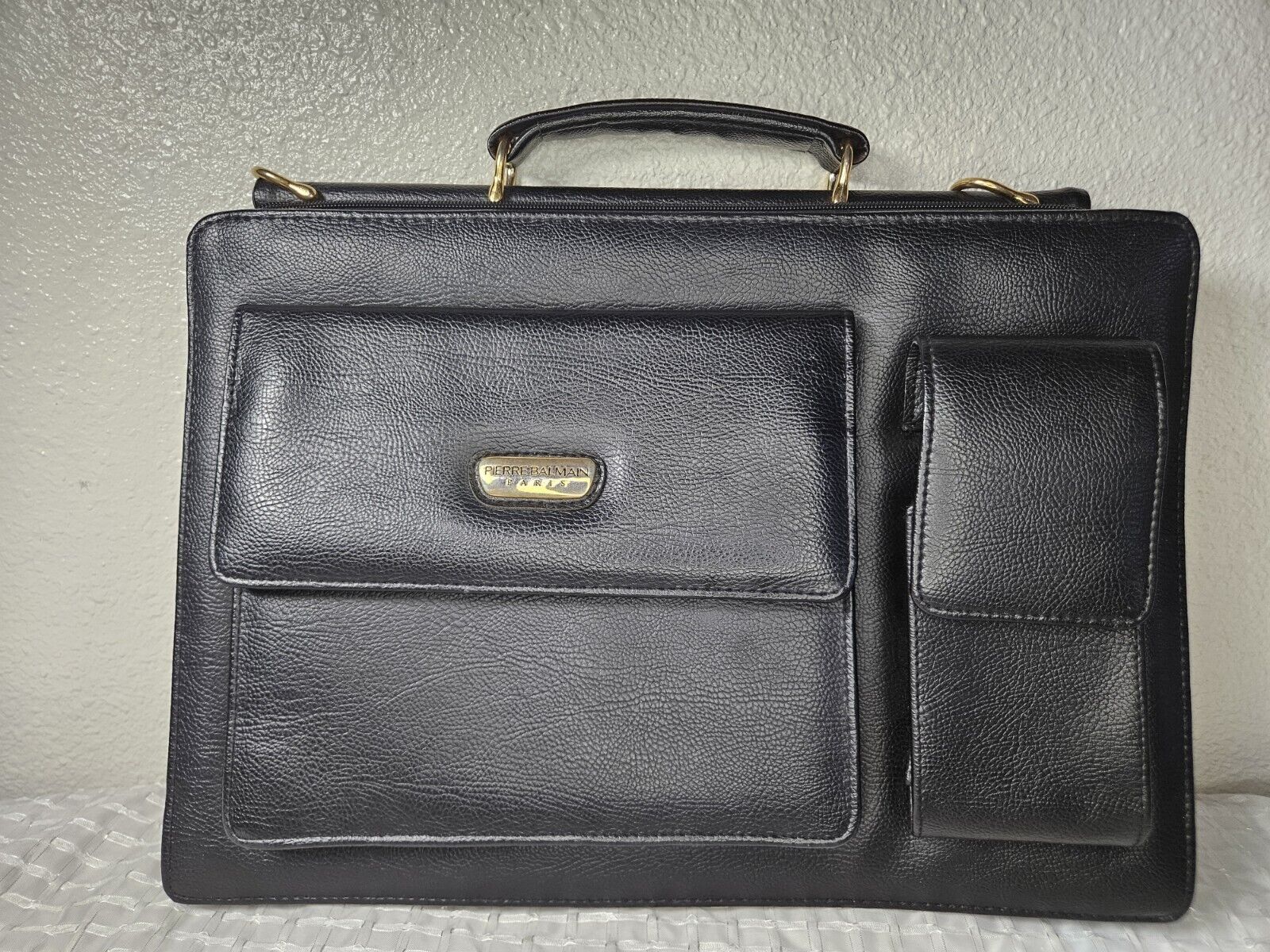 Pierre Balmain 1980's Leather Portfolio Briefcase Laptop Bag Black/Gold Vintage