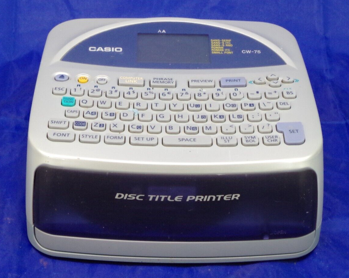 Casio Disc Title Printer CW-75 Qwerty Keyboard Tested Needs New Ink READ