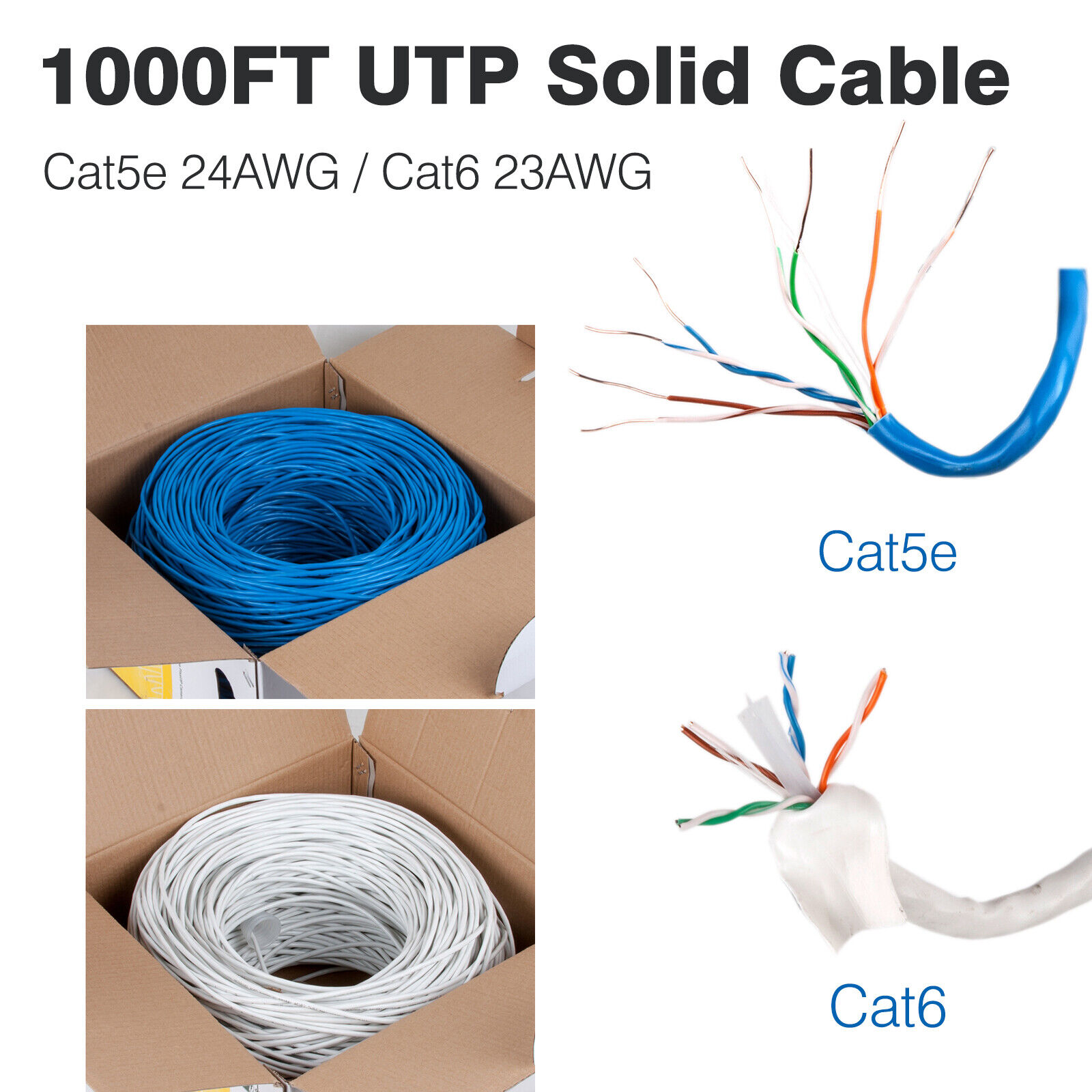 1000FT CAT5E CAT6 CCA Cable UTP Solid Network Ethernet CAT5 Bulk Wire RJ45 Lan
