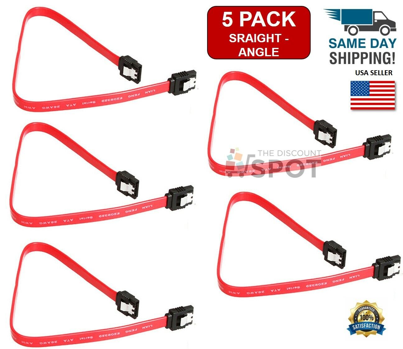5-Pack 18” SATA III Cables Straight to Straight Angle SSD HDD Hard Drive Red