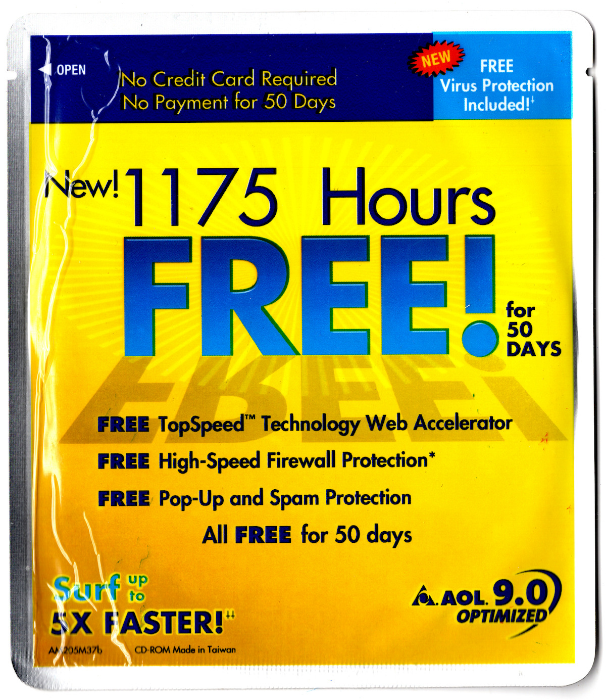 Vintage Rare 2003 AOL V9.0 Yellow & Blue America Online CD-ROM, New & Sealed