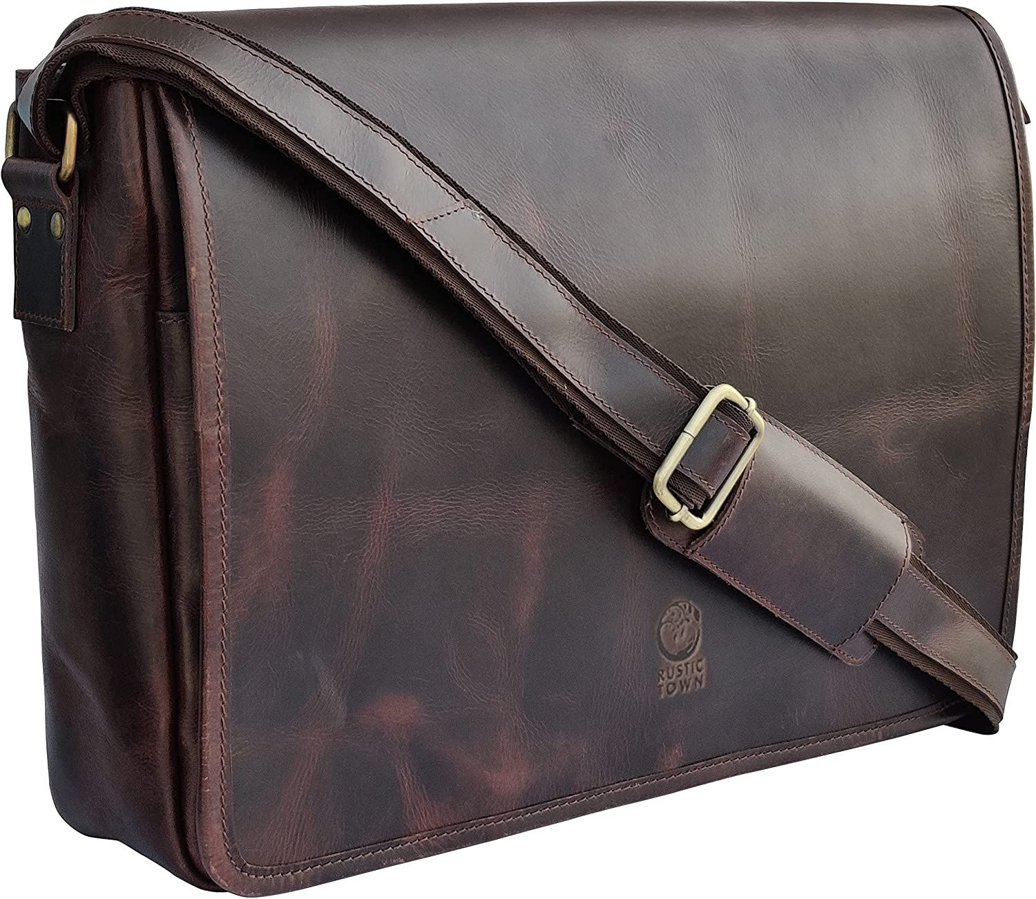 RUSTIC TOWN Leather Messenger Bag for Men Women - Top Grain Dark Brown 