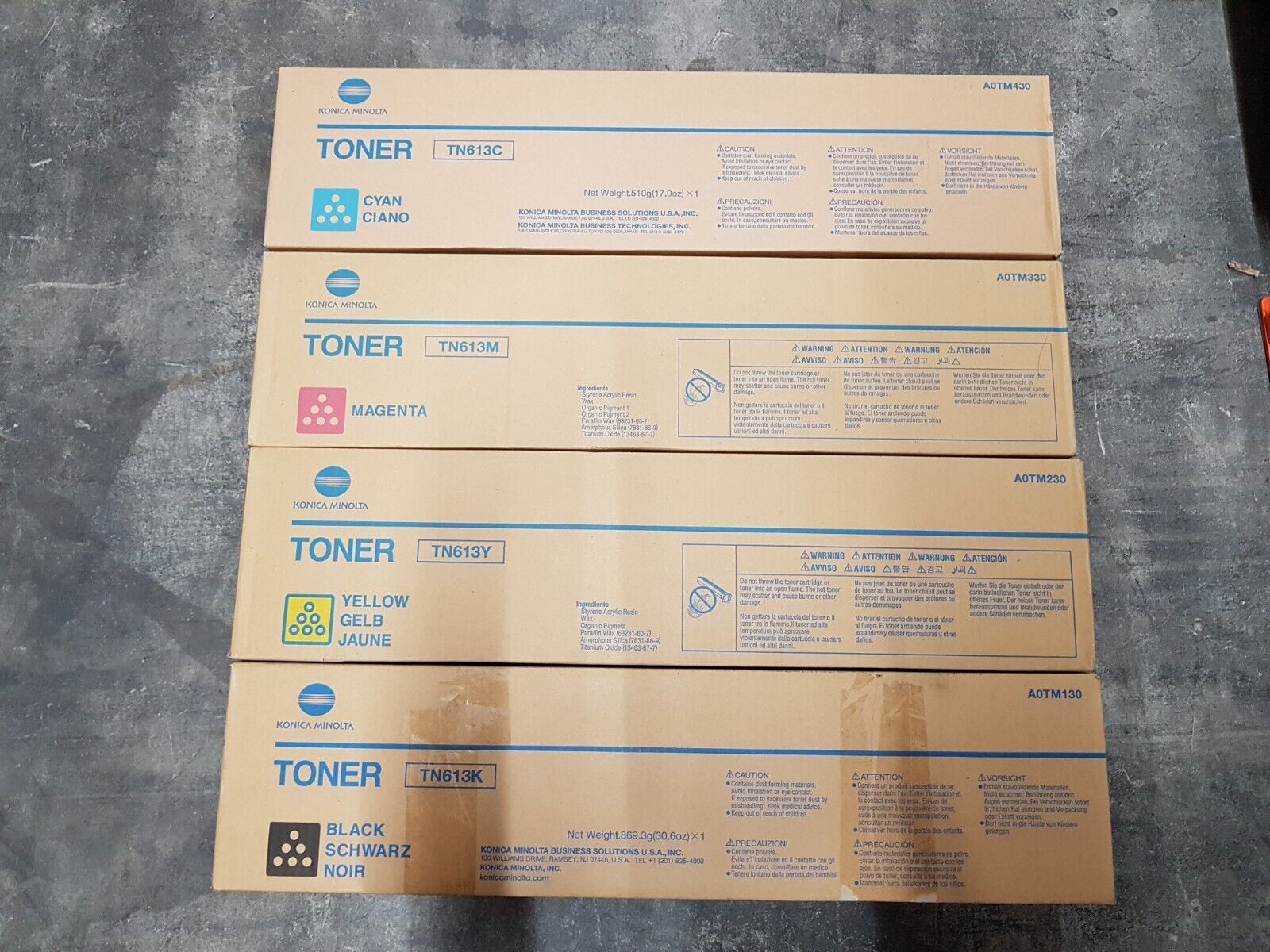 Genuine Set of 4 Konica Minolta TN613 A0TM130 A0TM230 A0TM330 A0TM430 CMYK Toner