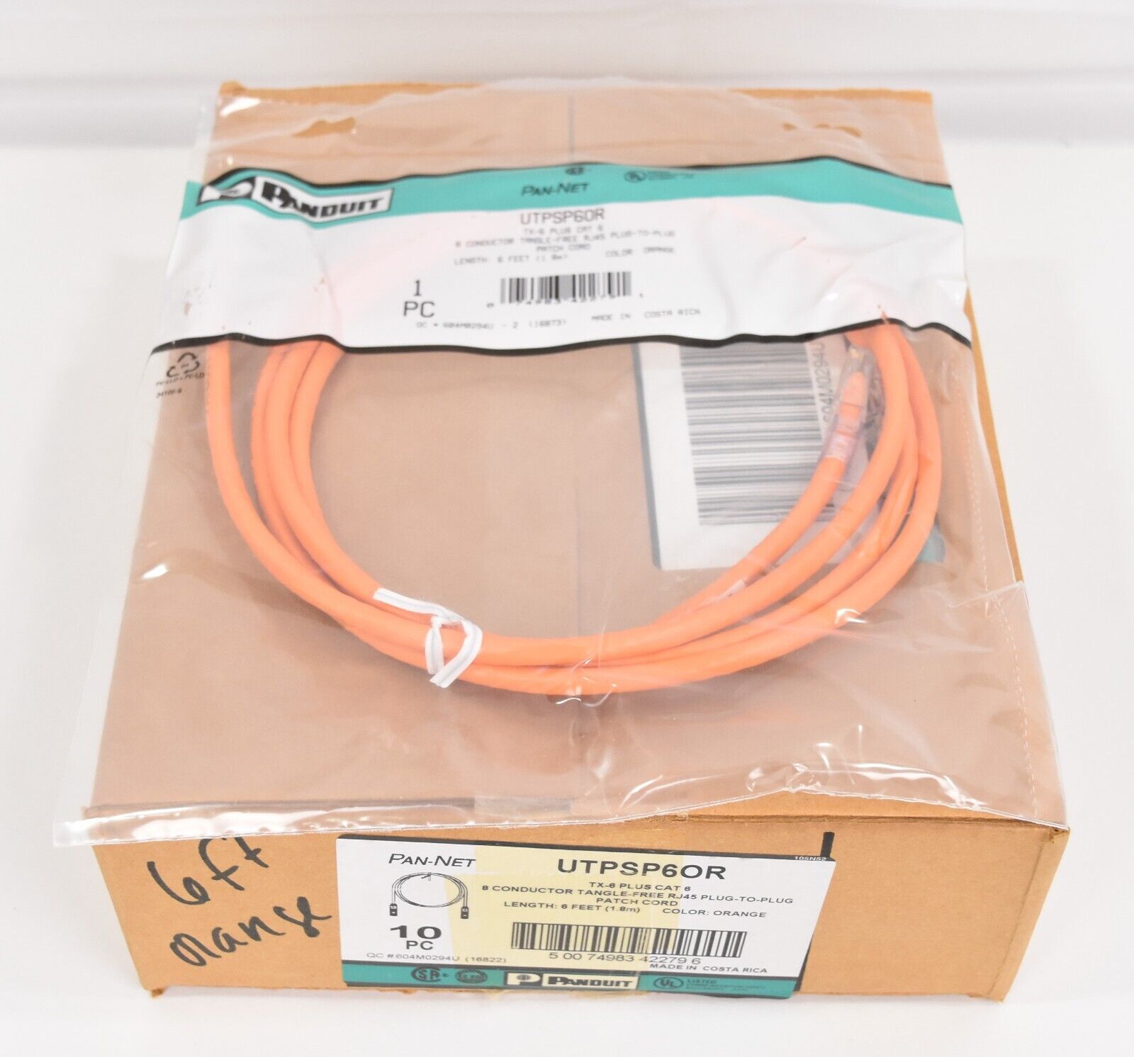 Box of (10) Panduit 6 Ft Orange RJ45 Cat 6 Ethernet Patch Cord Cables UTPSP6OR