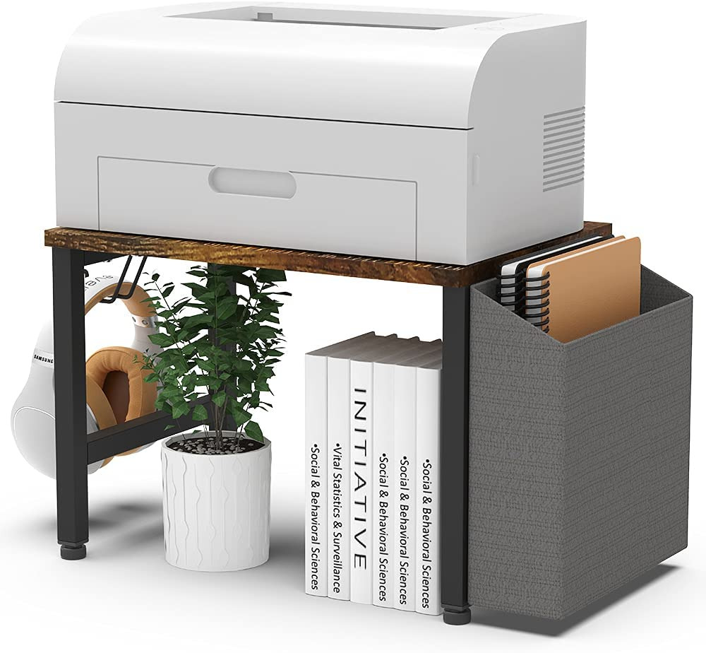 Vintage Wood Desktop Printer Stand Holder with Storage Bin Hook for Home Office 