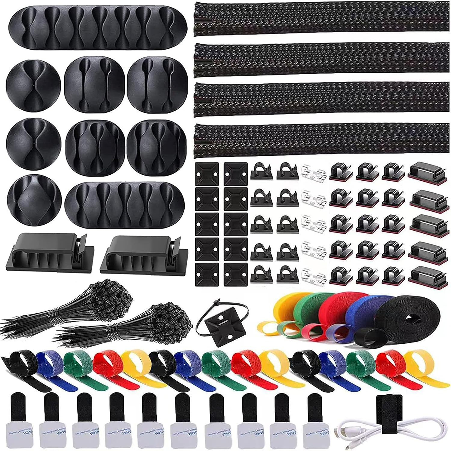 Cable Management Kit Includes 300Pcs 4 Cable Sleeves, 35 Cable Clips, 11 Cord Ho