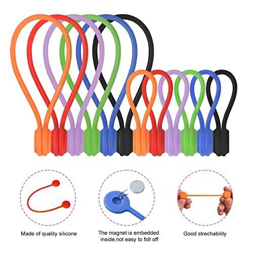 Magnetic Cable Ties,Snap on Magnetic Cord Ties, Reusable Silicone Twist Ties 
