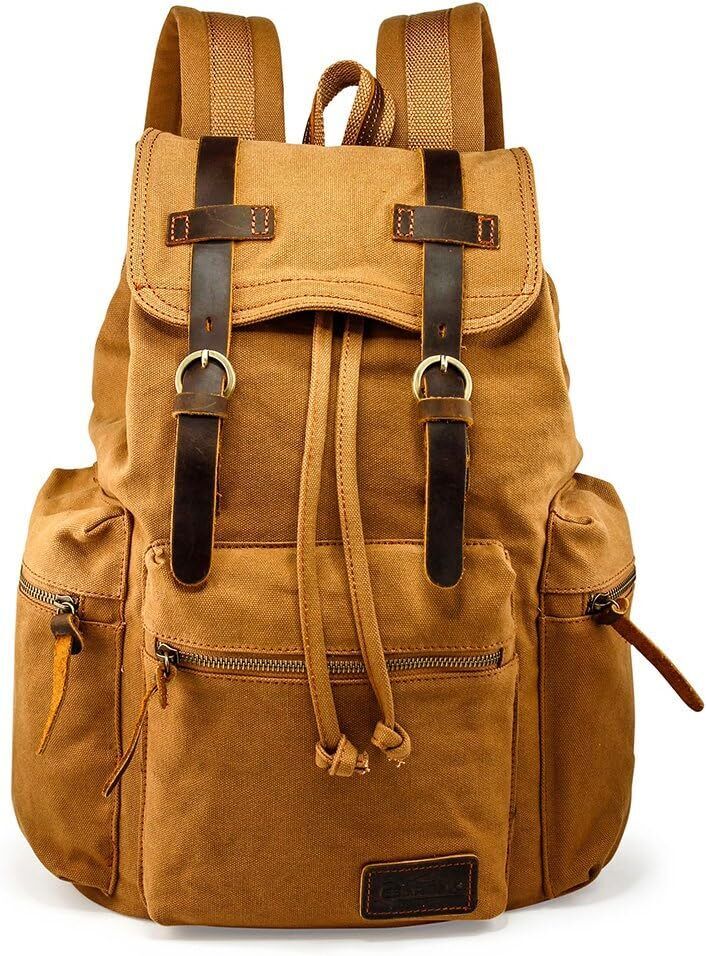 GEARONIC 21L Vintage Canvas Backpack Leather Rucksack Knapsack 15inch Yellow 