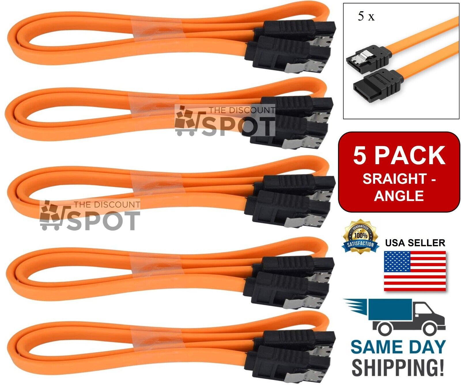 5-Pack 18” SATA III Cables Straight to Straight Angle SSD HDD Hard Drive Orange