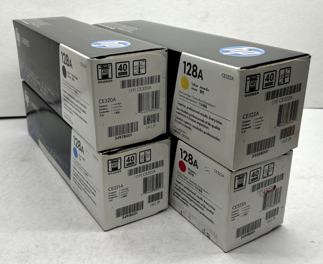 Set of 4 HP 128A CMYK Toner Cartridges CE320A CE321A CE322A CE323A Sealed Boxes