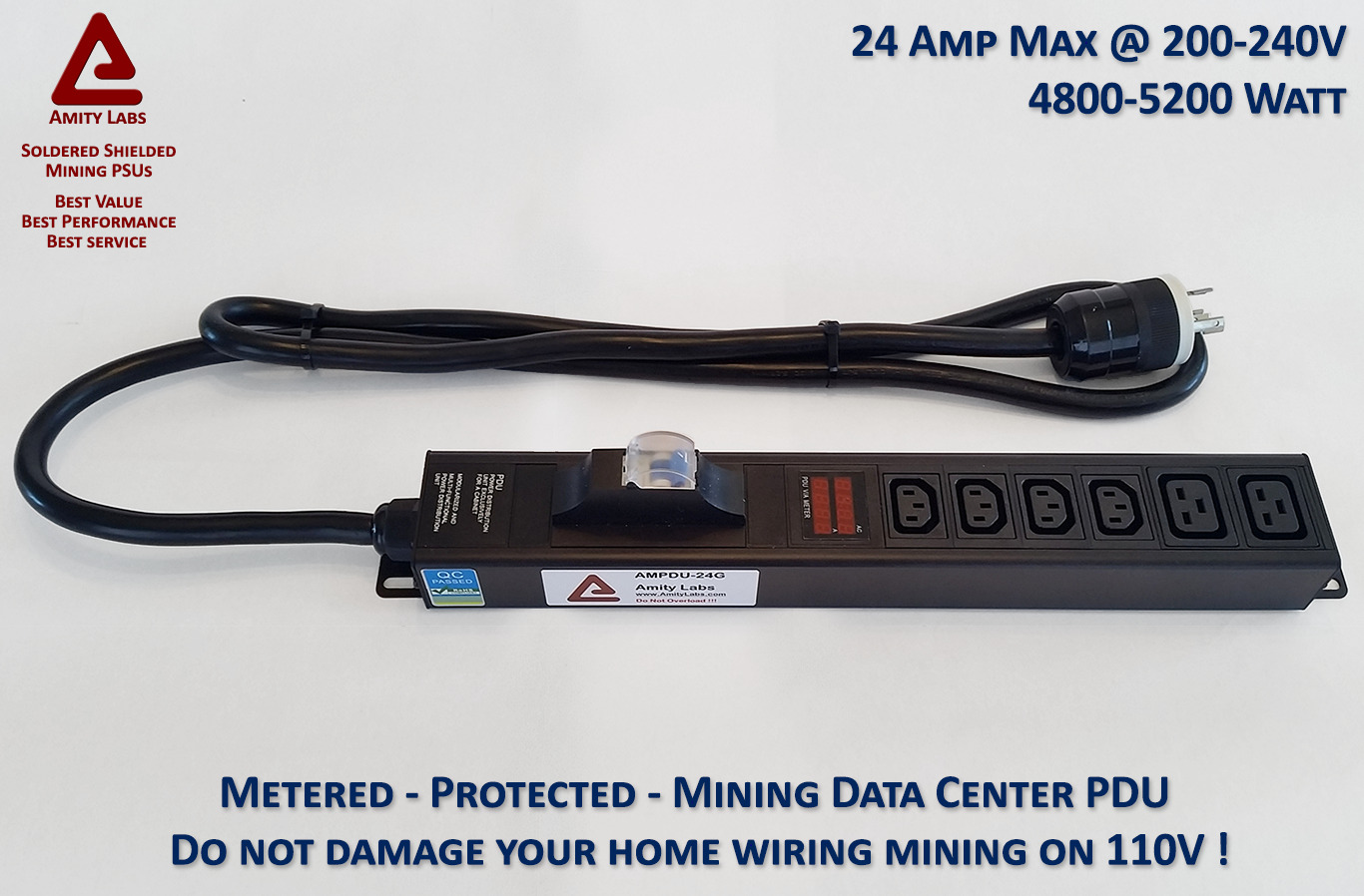Metered Cryptocurrency Mining PDU - 4x C13 and 2x C19 Outlets 