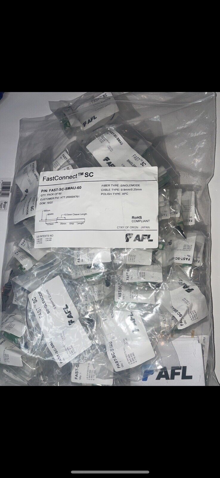 AFL FAST-SC-SMAU FastConnect SC APC Singlemode Fiber Optic Connectors Bag Of 60