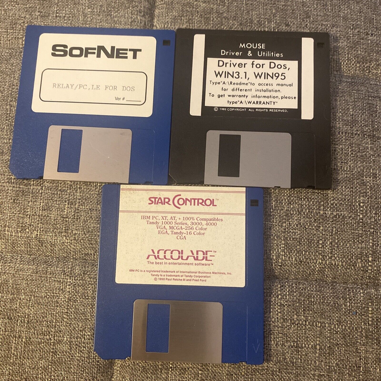 Lot Of 3 Vintage 1990 Software DOS Floppy Discs IBM Star Control SofNet Mouse