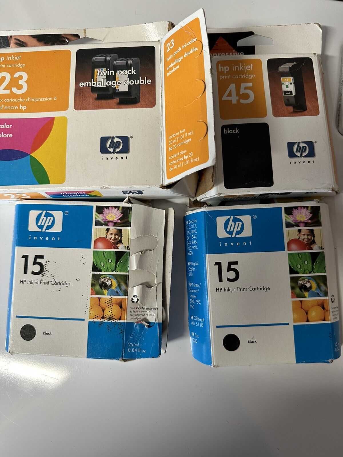 Set Of 4, HP 23, 45, 2x15 Inkjet 2 Cartridge Tri Color And Black Twin Pack