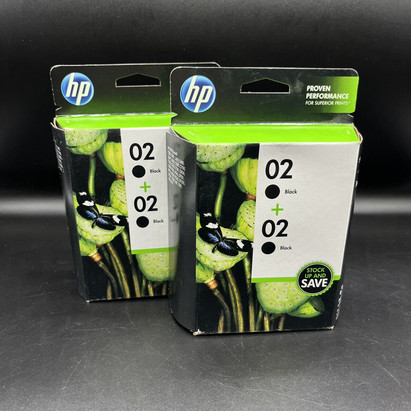 Set Of 2 Genuine HP 02 Twin Pack Black Ink Cartridges New In Box. Ex. Old Stock 