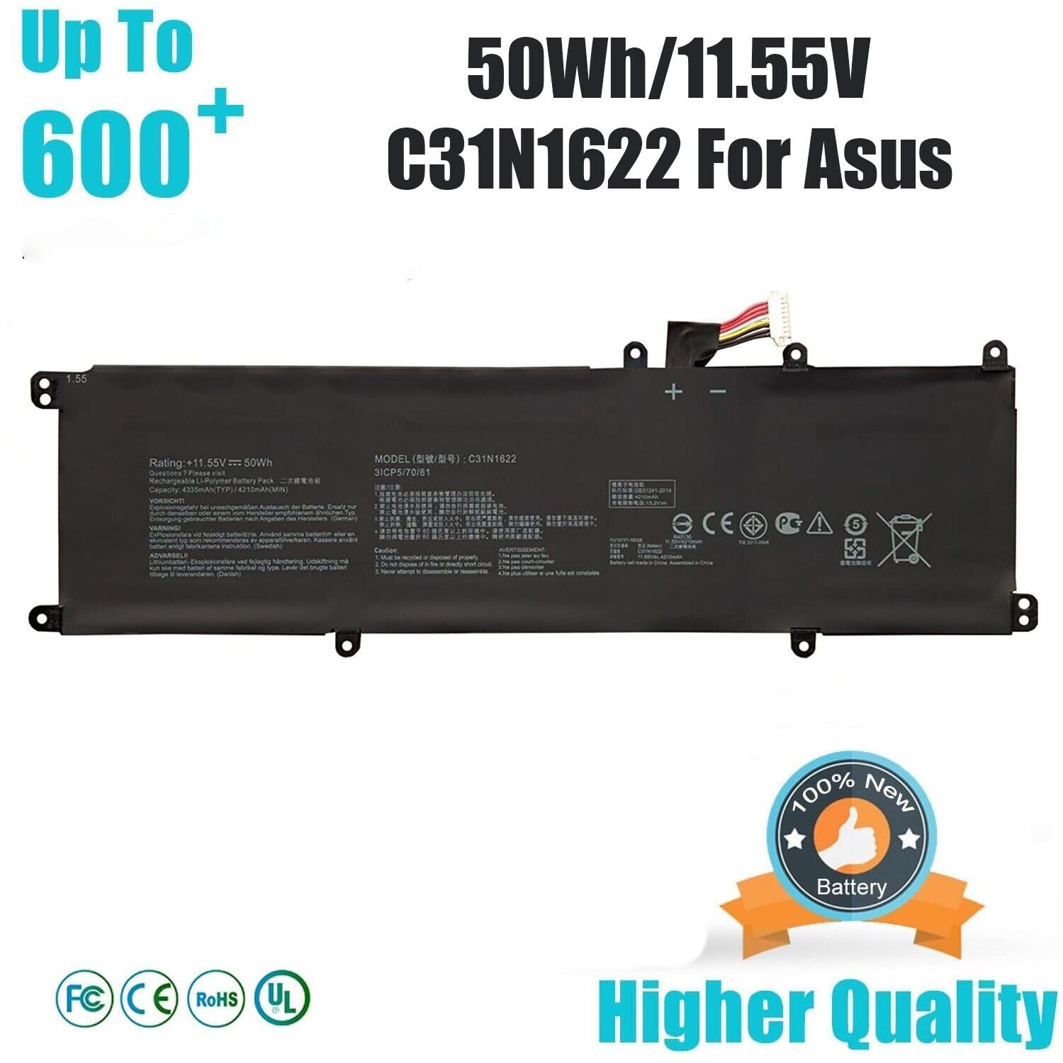 50Wh C31N1622 Battery For Asus ZenBook UX3430UA UX530U U5100U UX530UQ UX530UX