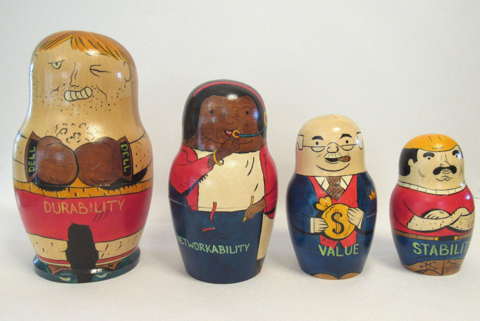 RARE VINTAGE 1980s DELL COMPUTER NESTING DOLL 4 DOLLS HAND PAINTED WOOD 8 1/2\
