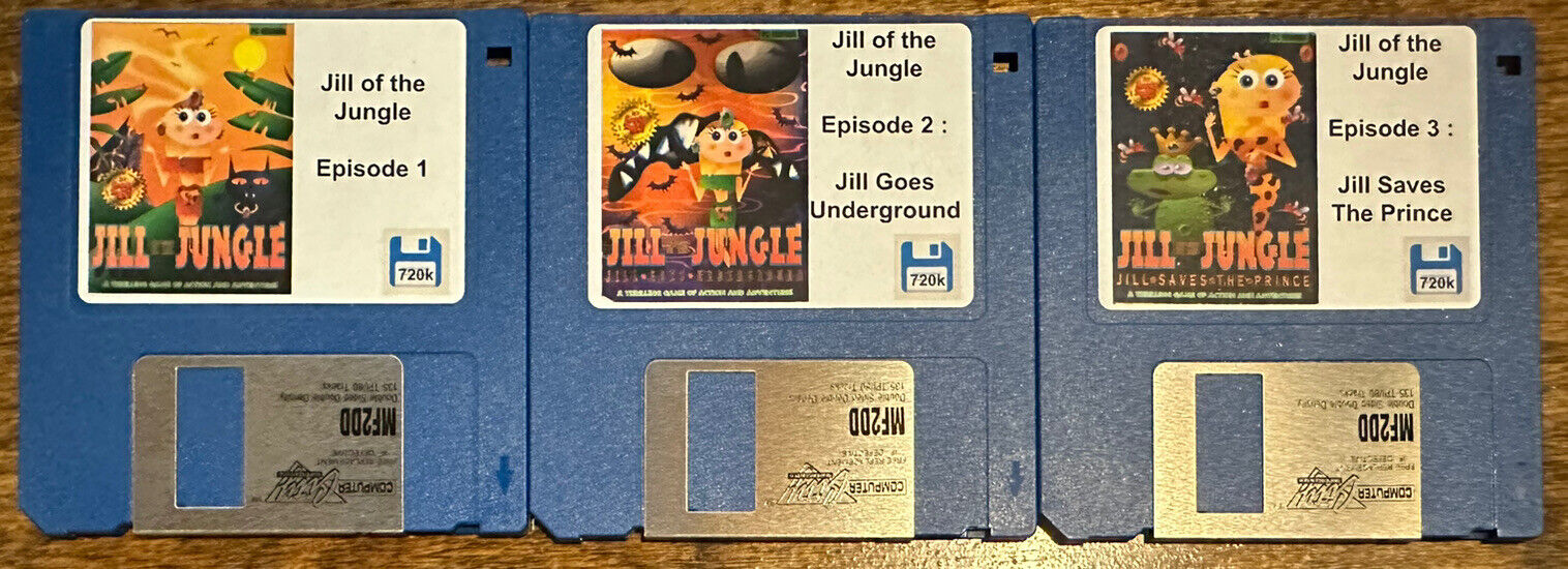 Vintage IBM PC Jill Of The Jungle trilogy Game Pack on New 720k 3.5” Floppies.