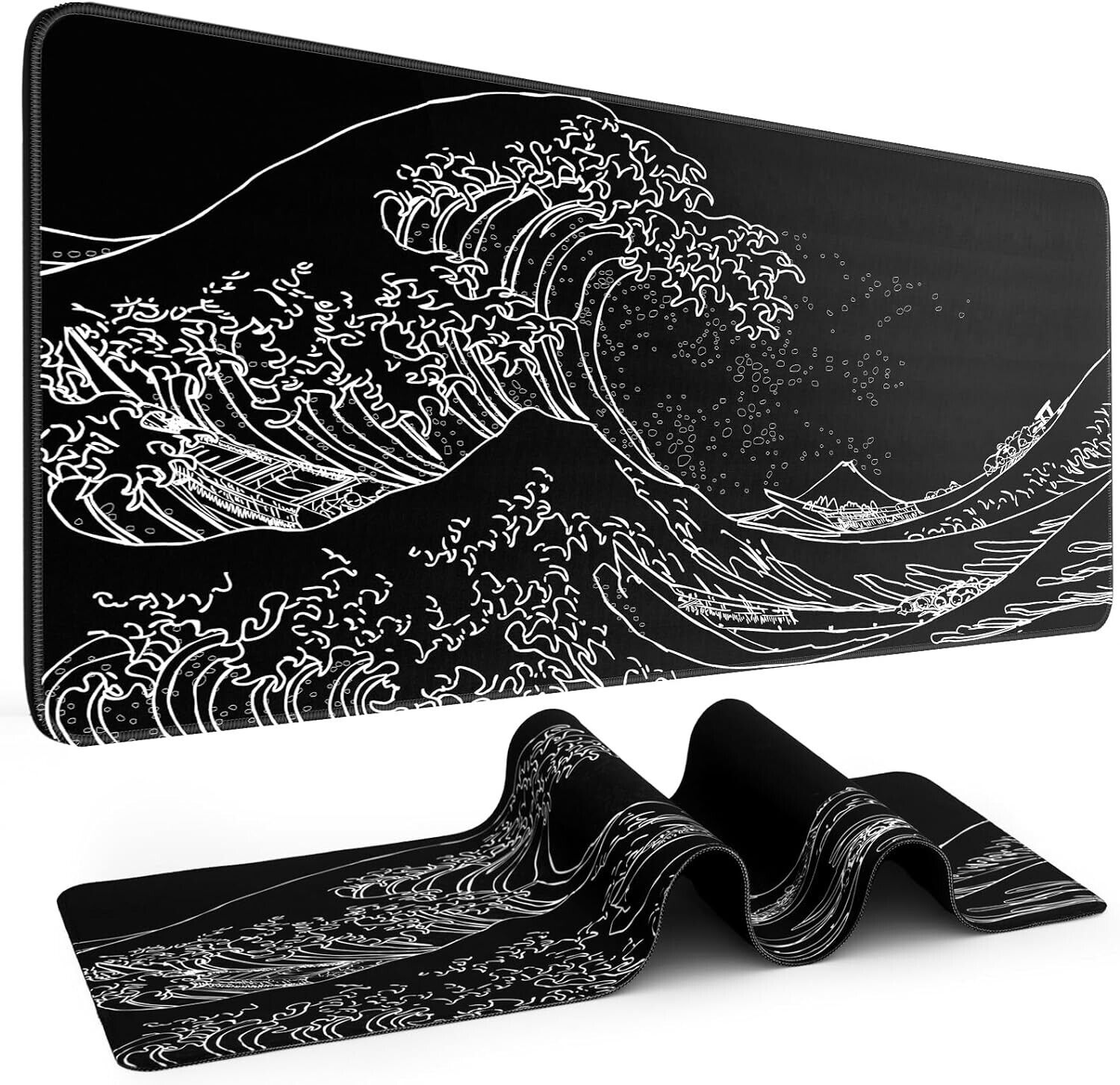 DIGSOM Black Mouse Pad Gaming Japanese Sea Wave Extended X-Large, Pattern 9 