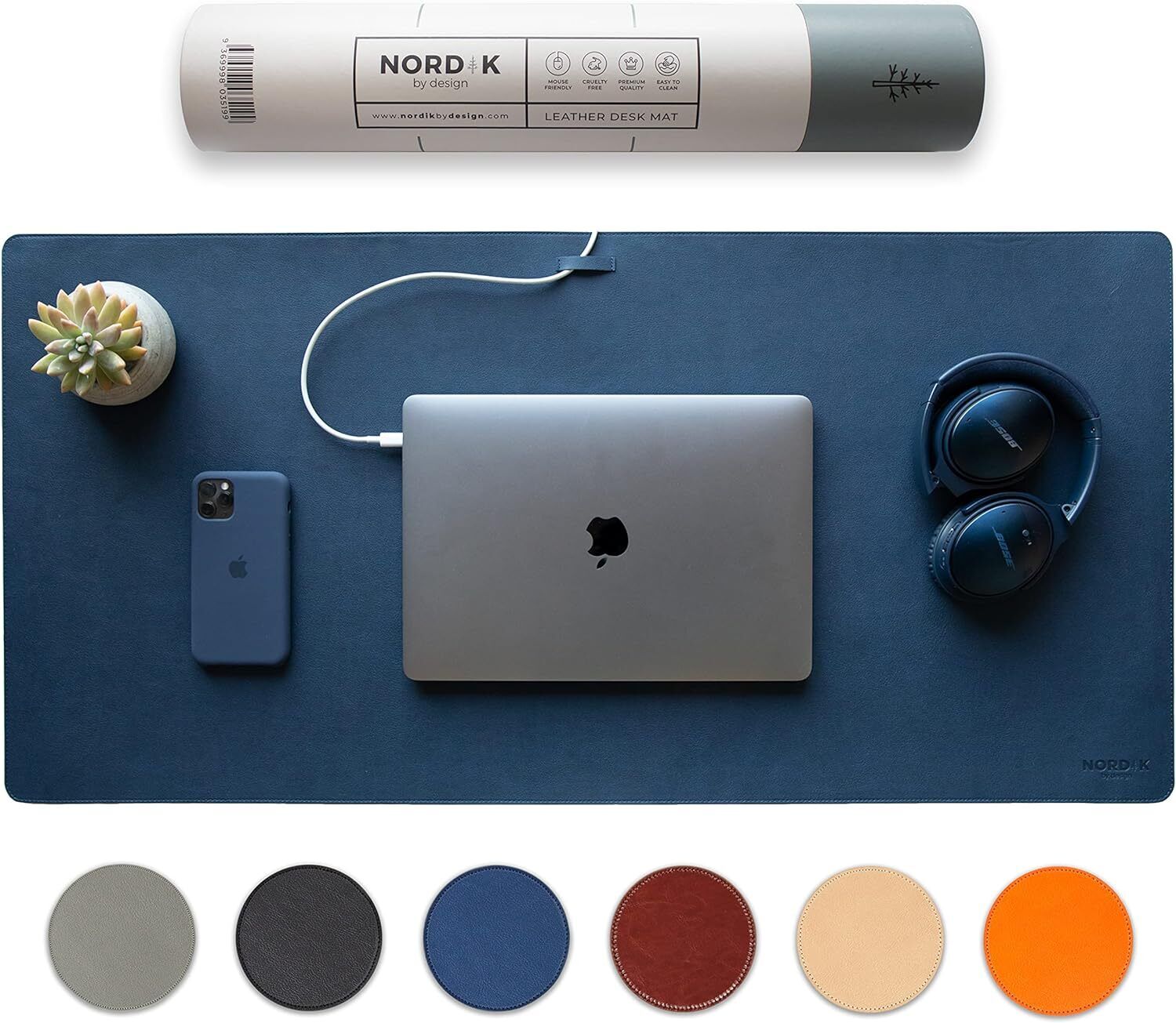 Nordik Leather Desk Mat Cable Organizer (Midnight Blue 35 X 17 Inch) Premium Ext