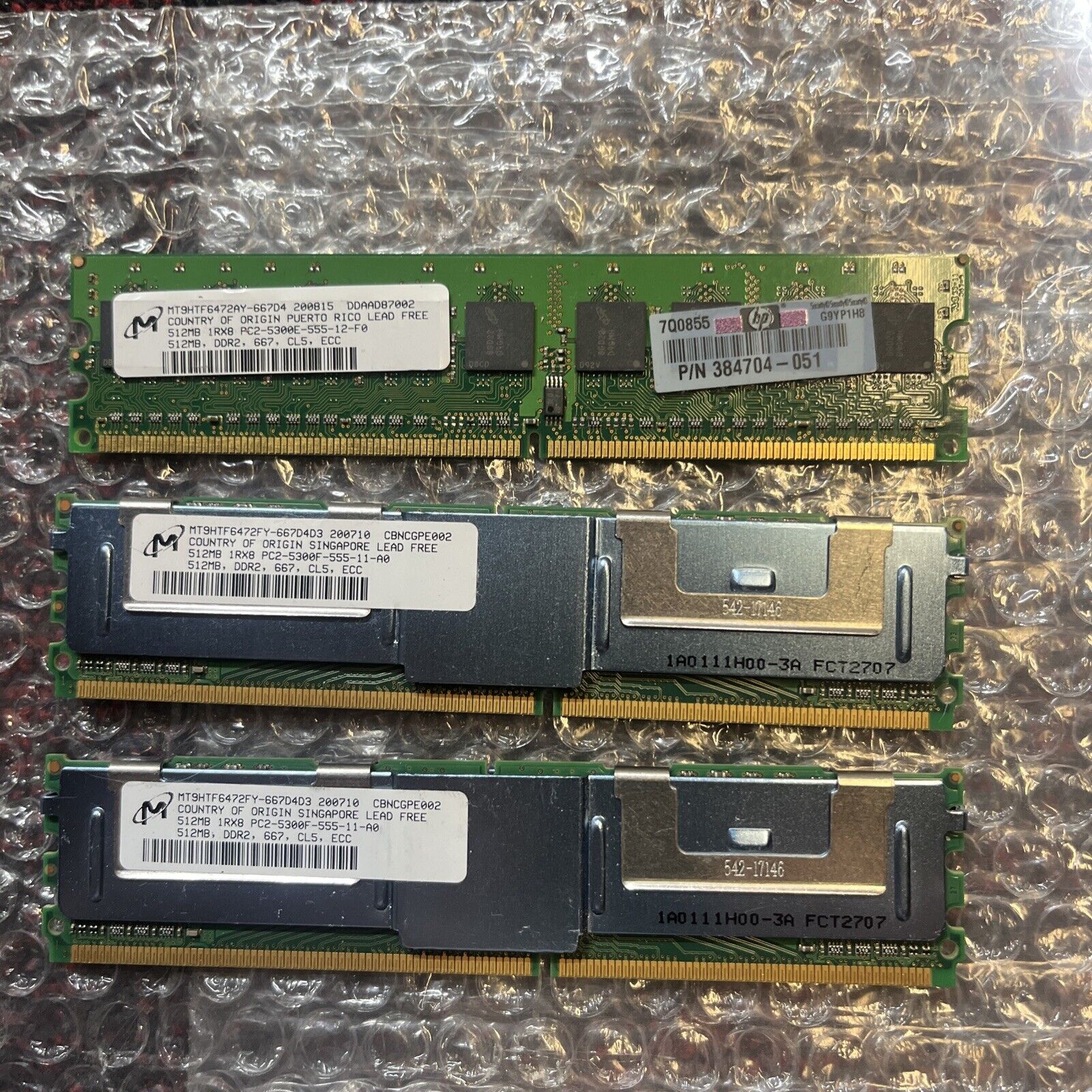 Lot Of (3) HP Micron RAM 512MB 1Rx8PC2-5300F 667MHZ MT9HTF6472FY-667B4D3