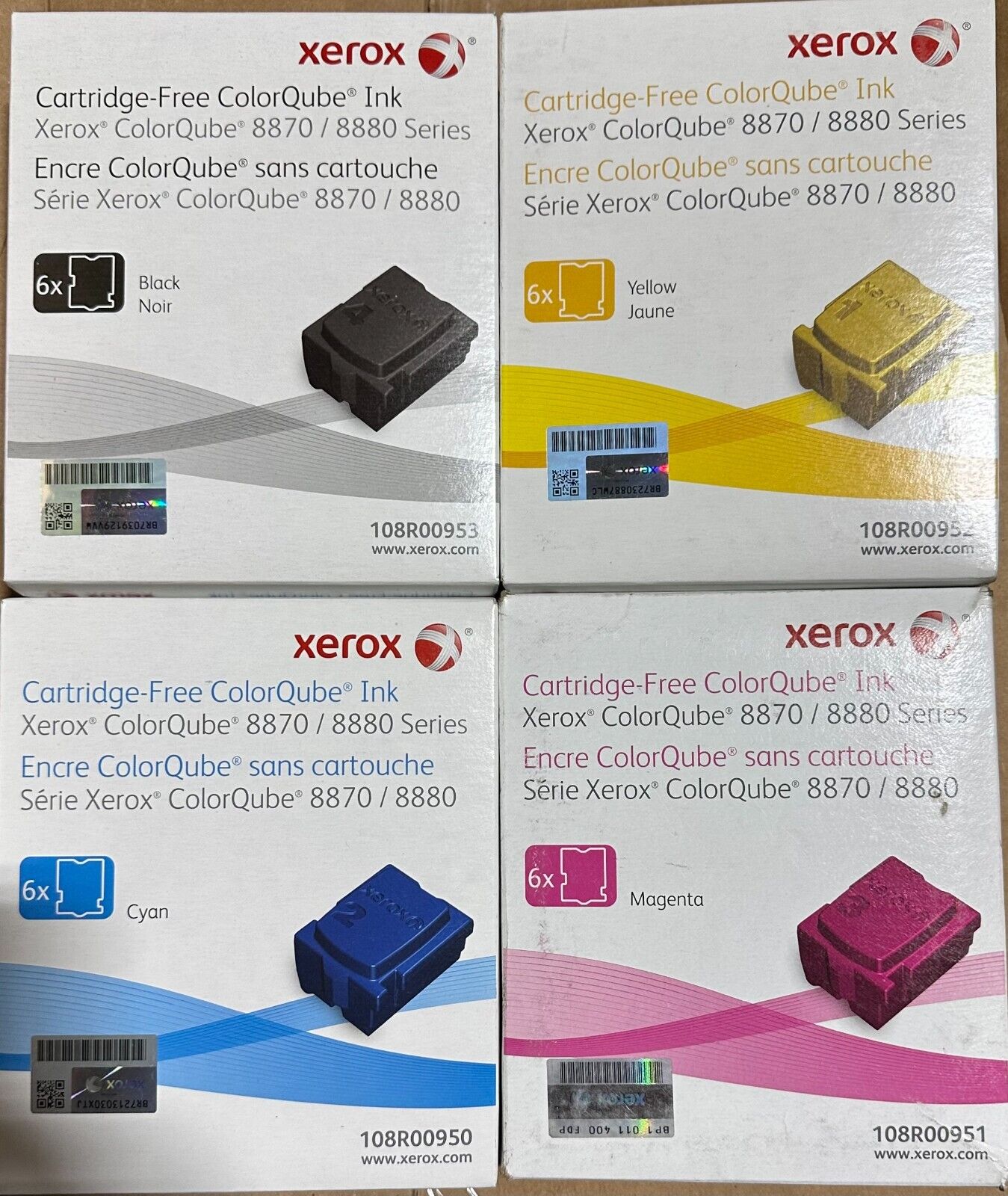 New Set of 4 Genuine Xerox ColorQube 8870/8880 Black & Color 6X Solid Inks CMYK