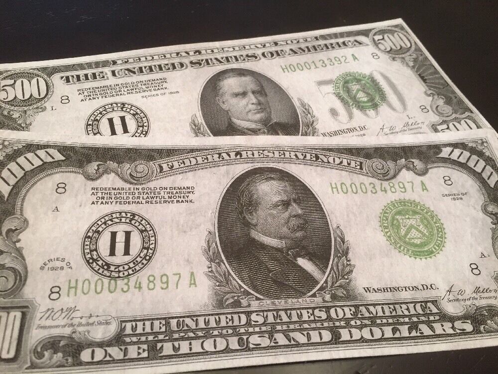 Reproduction Copy Pair 1928 $1000 & $500 Bills Federal Reserve Notes St. Louis 