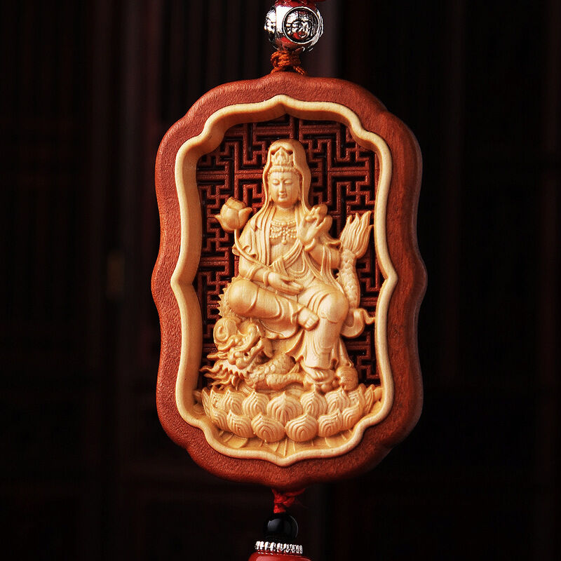Hollow Out inlay Wood Carving Chinese Kwan Yin Ride Dragon Sculpture Car Pendant