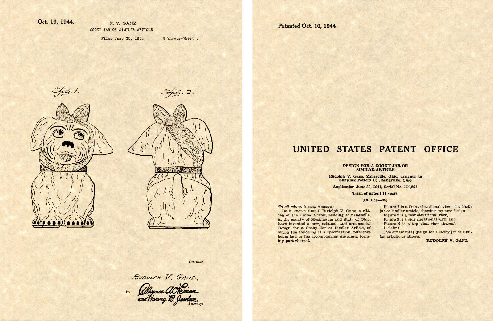 SHAWNEE MUGGSY Cookie Jar US Patent Art Print READY TO FRAME 1944 Ganz Mugsy