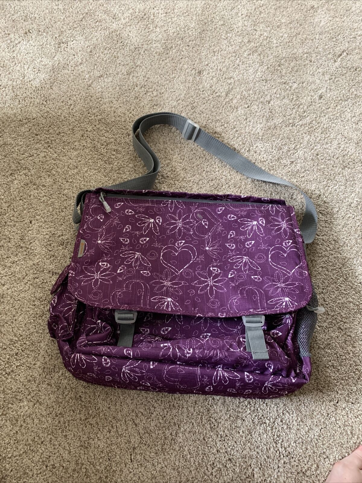 NWOT J World Messenger Bag Purple White Floral Heart Print Laptop Travel Bag
