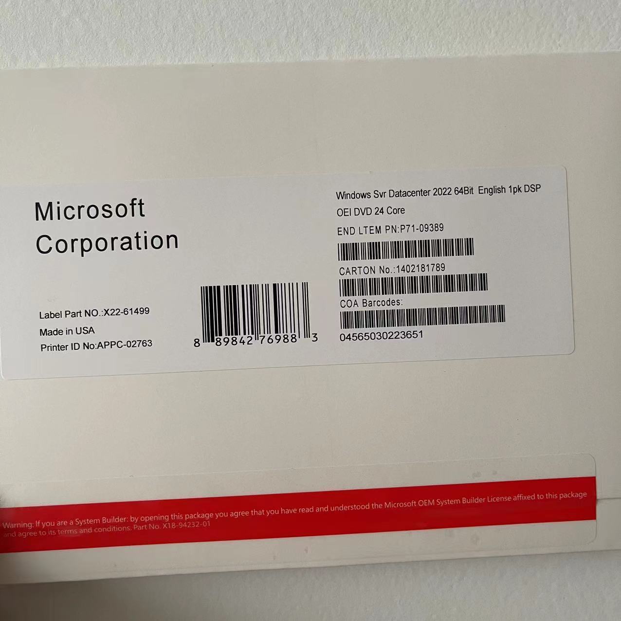 New Microsoft Windows Server 2022 Datacenter - 24 Core - DVD Pack