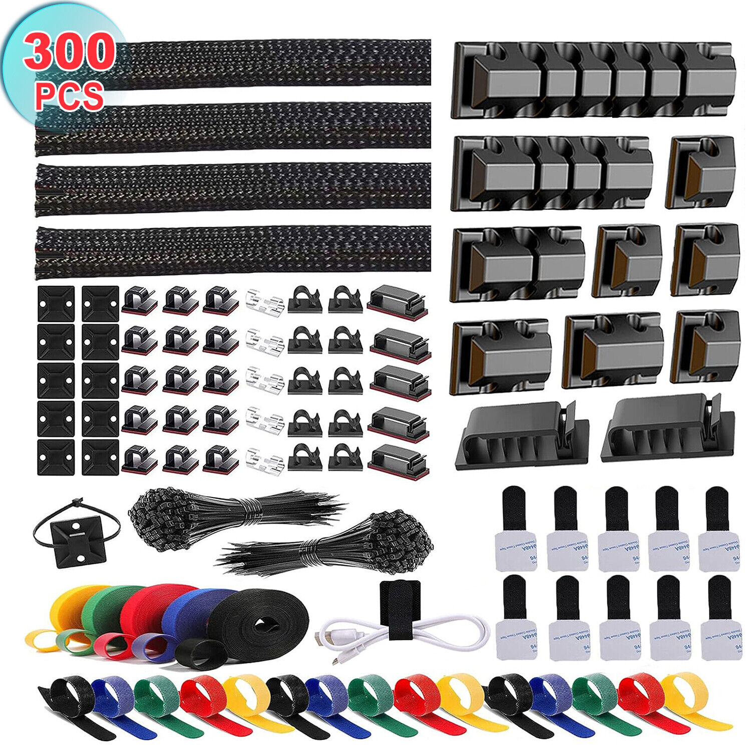 300Pcs Cable Management Kit Wire/Cord Organizer Zip Ties Holder Clips Adhesive