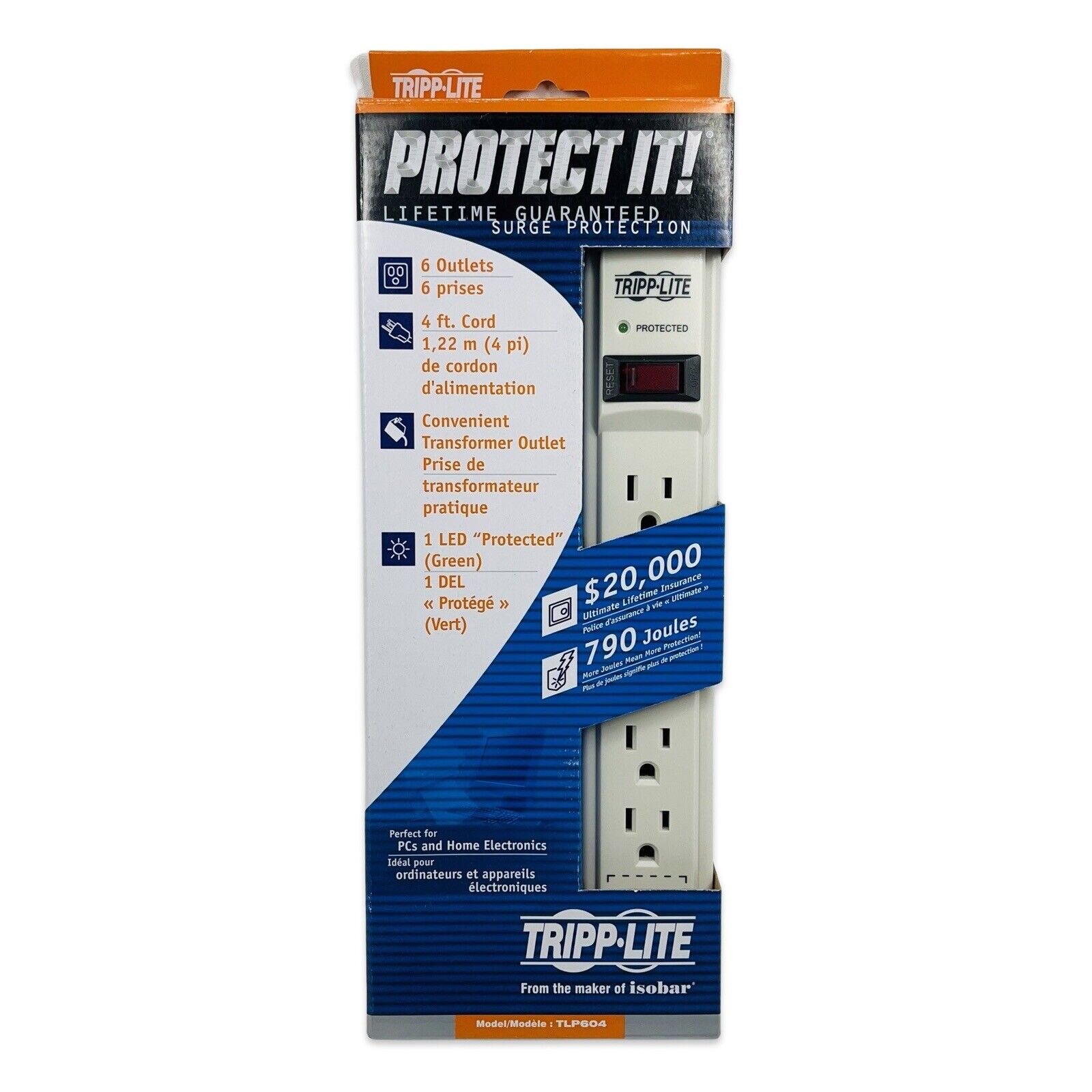 TRIPP LITE TLP604 Surge Protector 6 Outlet 4ft White With LED, Power Strip