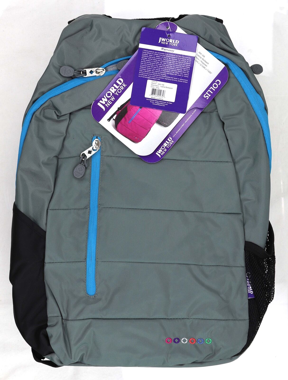 J World New York 15.4-inch Nylon Laptop Backpack, Collis, Gray, Black, Blue NWT