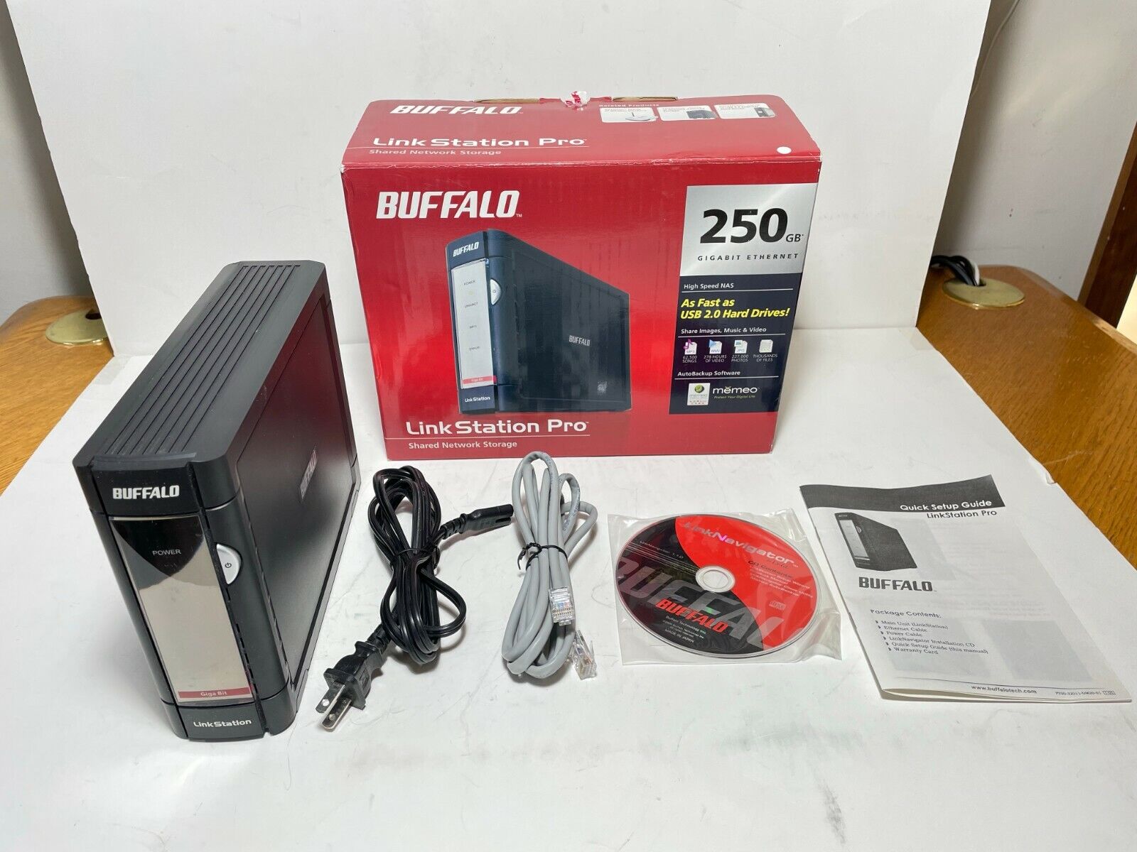 Buffalo LinkStation LS-250GL with cord, ethernet, original box, manual, CD