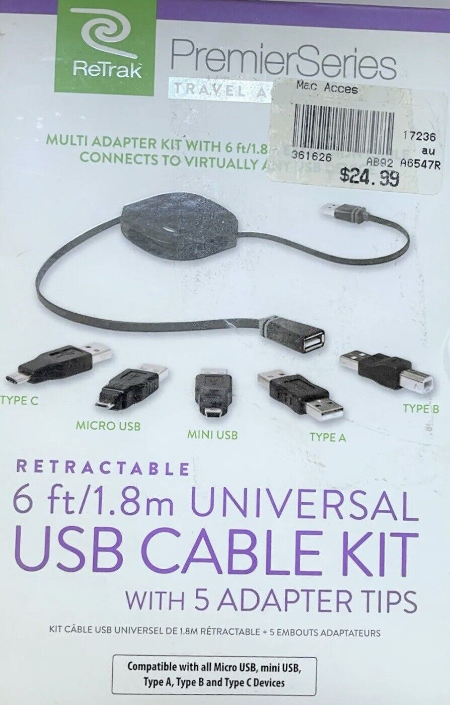 Retrak 6 Ft/1.8m Universal USB Cable Kit (w/5 Adapters Tips - Black