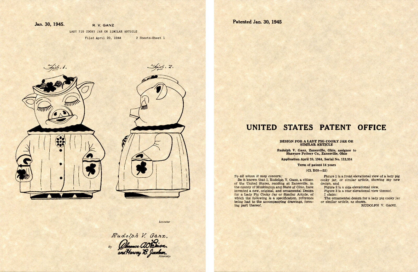 SHAWNEE WINNIE PIG Cookie Jar US Patent Art Print READY TO FRAME 1945 Ganz