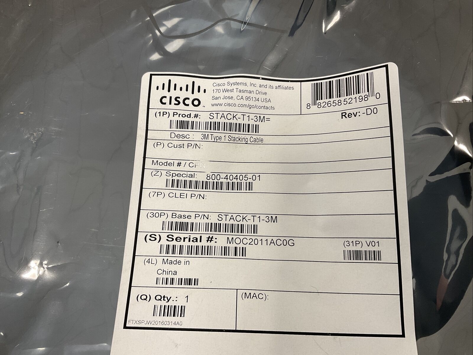 Cisco STACK-T1-3M Type 1 Stacking Cable Factory Sealed Brand New