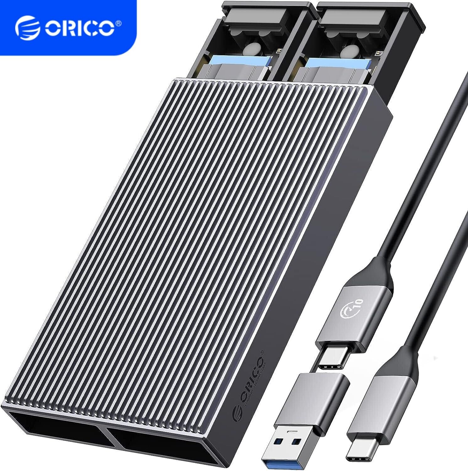ORICO Aluminum Dual-Bay M2 NGFF/NVMe SATA SSD Hard Drive Enclosure USB3.2 10Gbps