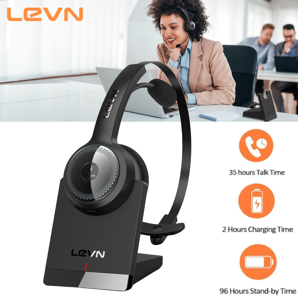 LEVN Bluetooth Wireless Headset With Microphone AI Noise Cancelling For Trucker