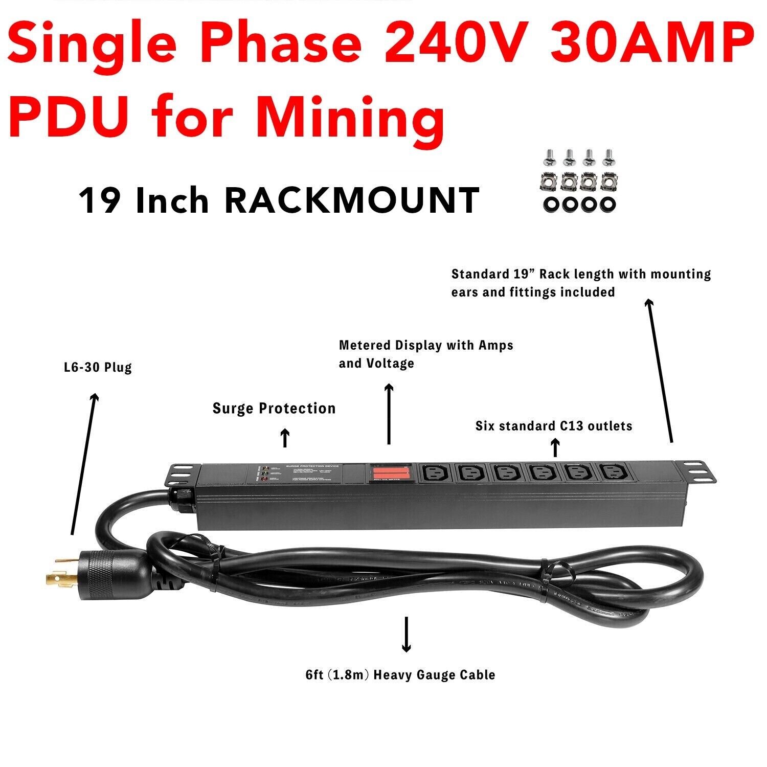 Rackmount 7200w PDU 240V 30A L6-30P 6xC13 Cryptocurrency Mining, Antminer PDU